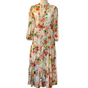 ZARA Floral Print Long Sleeve Button Up Tiered Midi Dress in Size Small